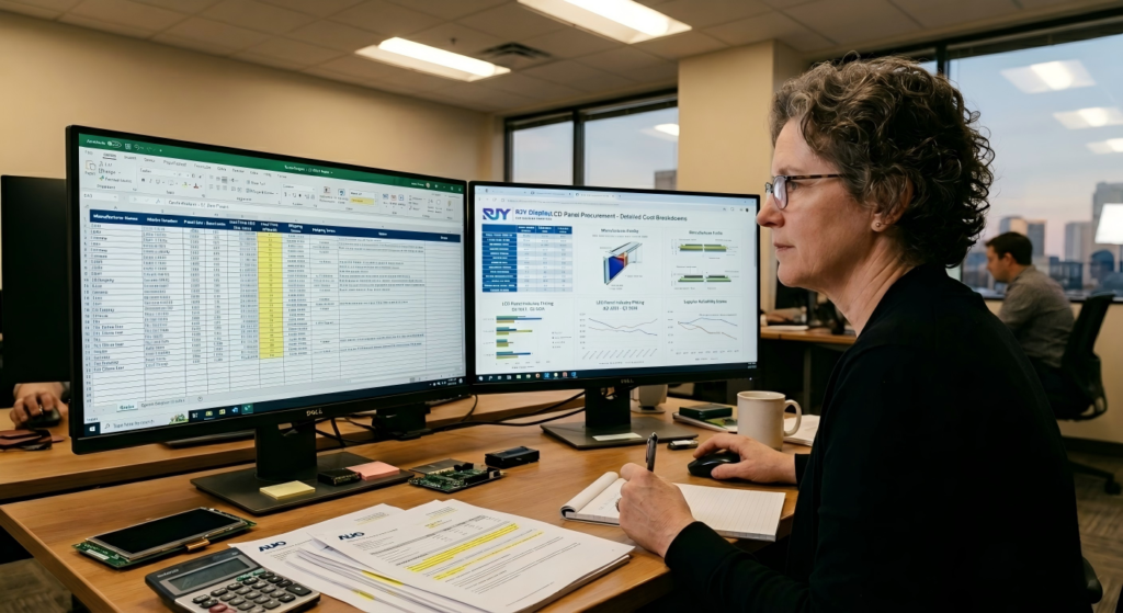 A procurement manager analyzing complex quotes from various lcd panel manufacturers and traders on a dual-monitor setup